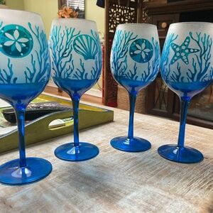 Wine Glasses Blue Glass Nautical Never Used Set of 3